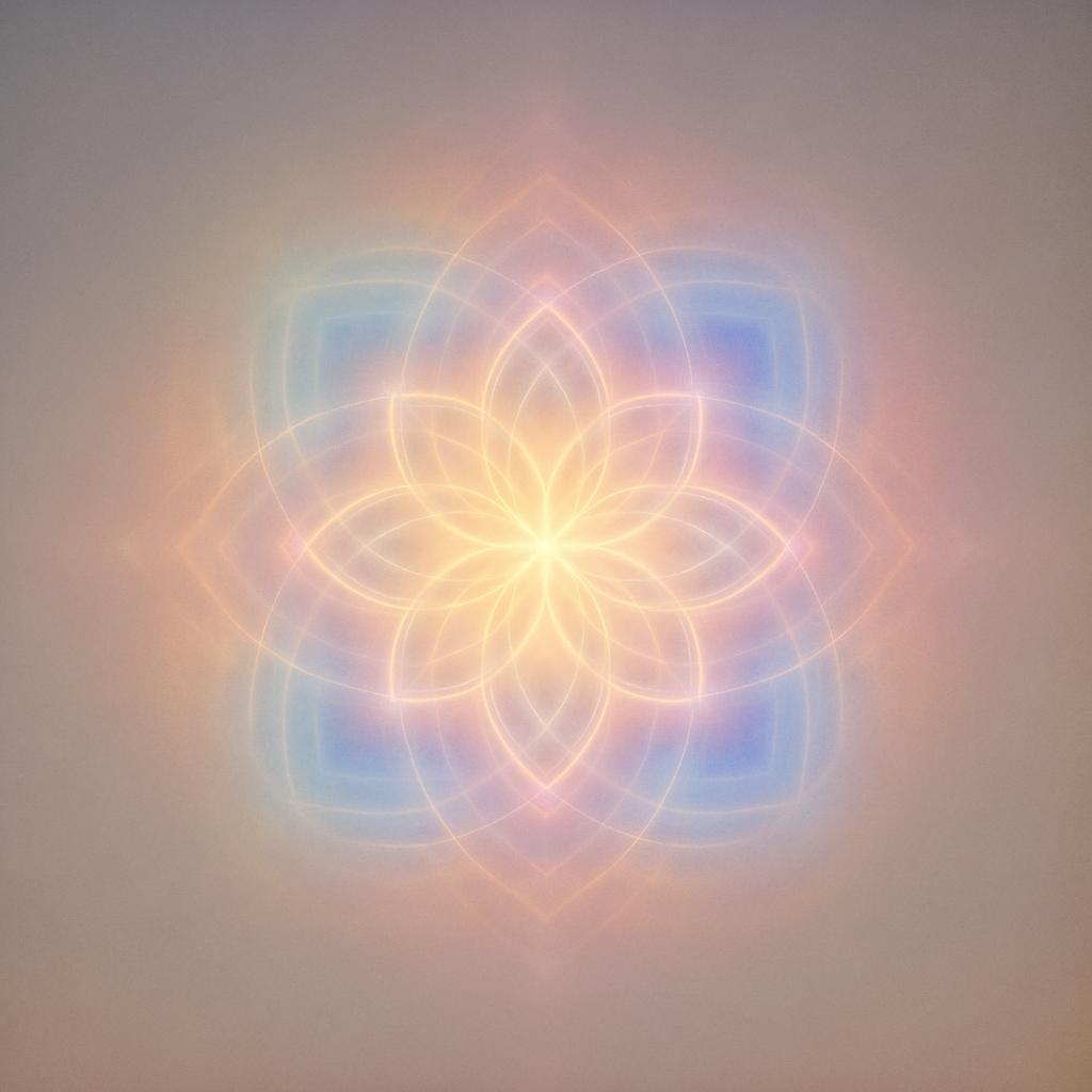 Une image lumineuse en forme de fleur, se présentant contre un fond rose et bleu.